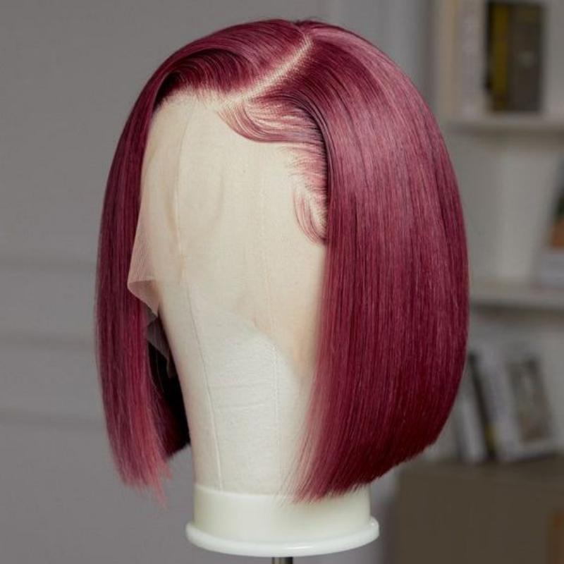 Glueless 99J Burgundy 13x4 Frontal Lace Straight Short Bob Wig
