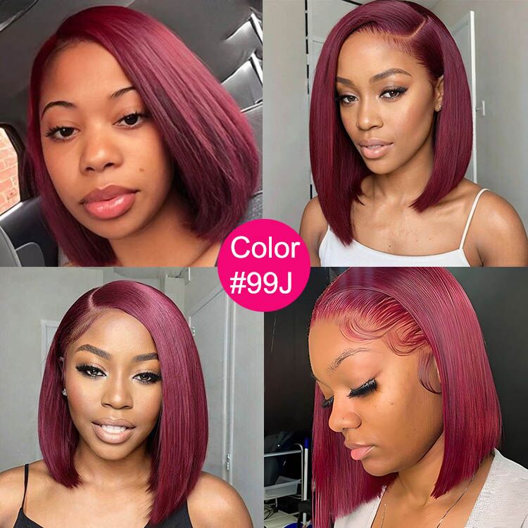 Glueless 99J Burgundy 13x4 Frontal Lace Straight Short Bob Wig