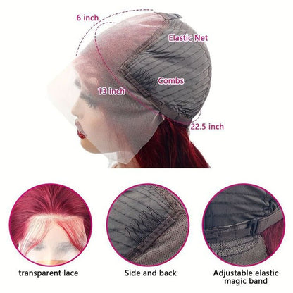 Glueless 13x6 Frontal Lace 99J Burgundy Wine Red Straight Wig Human Hair
