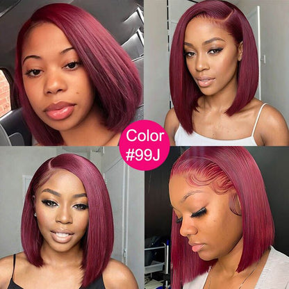 Glueless 99J Burgundy  13x4  Frontal Lace Straight Short Bob Wig