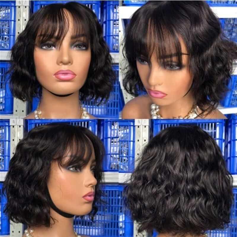 Glueless Short Wavy Bob Wig with Bangs 10 Inch Peruvian Human Hair 12A  Remy Hair Superlove Wig