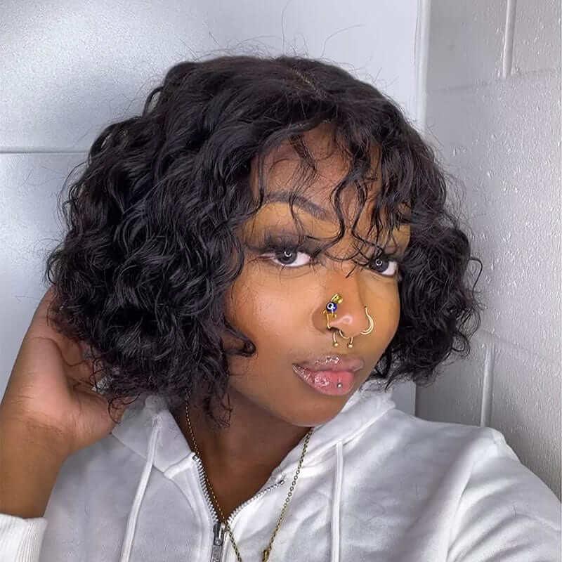Glueless Short Wavy Bob Wig with Bangs 10 Inch Peruvian Human Hair 12A  Remy Hair Superlove Wig