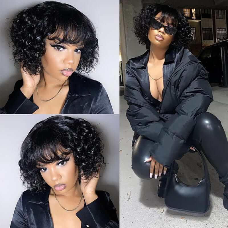 Glueless Short Wavy Bob Wig with Bangs 10 Inch Peruvian Human Hair 12A  Remy Hair Superlove Wig