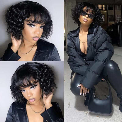 Glueless Short Wavy Bob Wig with Bangs 10 Inch Peruvian Human Hair 12A  Remy Hair Superlove Wig