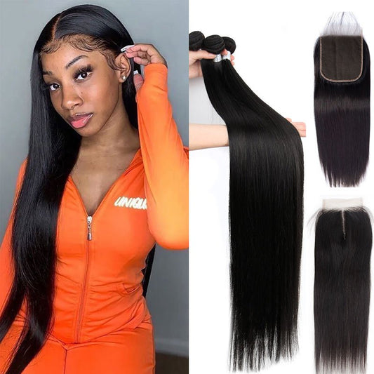 Superlove Hair 3 Bundles Straight Hair with 4x4 Lace Closure 65g/Bundle 3 Pcs/Lot Natural Black Color Double Weft Hair 10-30 Inch Hair Extensions